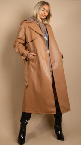 Belted Faux Leather Duster Coat - Camel