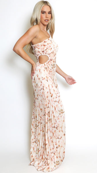 Beige Pleated One Shoulder Maxi