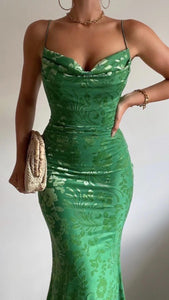 Green Velvet Print Cowl Neck Maxi Dress