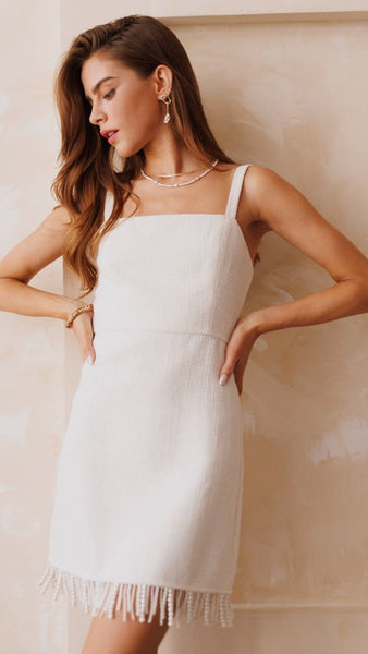 Boucle White Pearl Trim Mini Dress