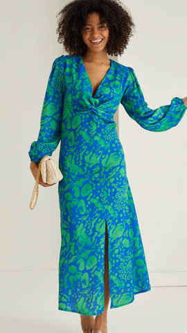 Rita Twist Midi Dress in Green and Blue Leopard