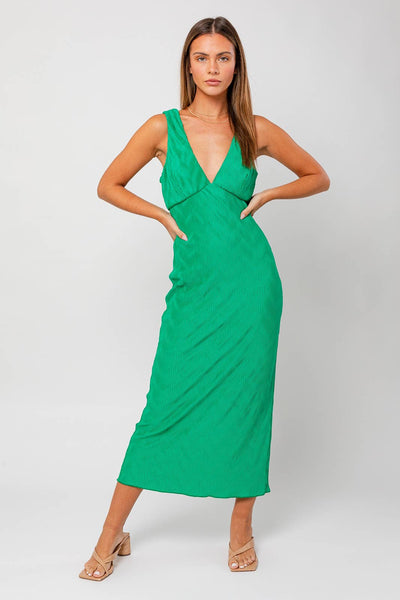 Green Textured V Neck Midi Dress