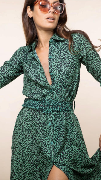 Dancing Leopard Dove Green Leopard Shirt Dress