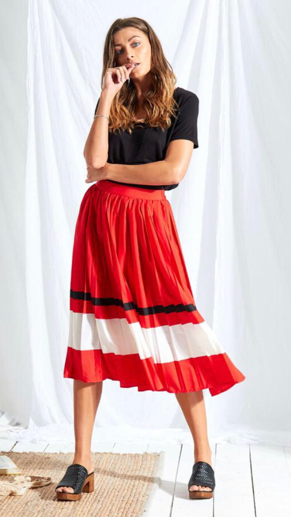 Neon Rose Red Stripe Midi Skirt