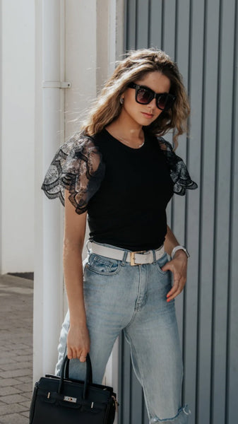Black T-shirt with Lace Shoulders