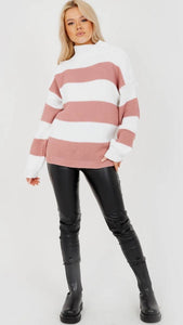 Pink Funnel Neck Striped Knitted Jumper - (Pre-Order)