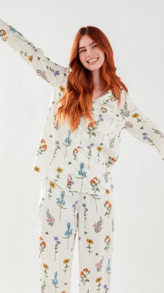 Chelsea Peers Floral Print Button Up Satin Long Pyjama Set