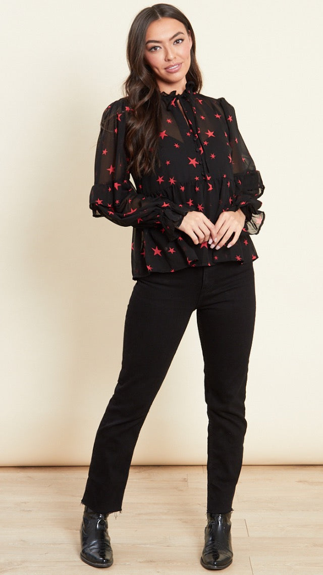 Black With Red Star Ruffle Detail Blouse