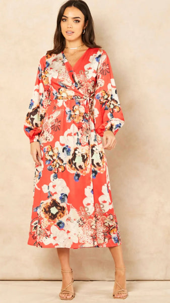 Coral Wrap Style Long Sleeve Midi Dress