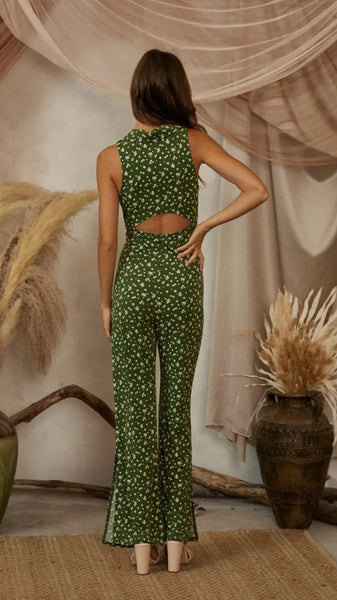 Green Floral Printed Stretch Knit Jumpsuit