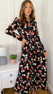 Brielle Long Sleeve Shirt Maxi Dress Black Floral