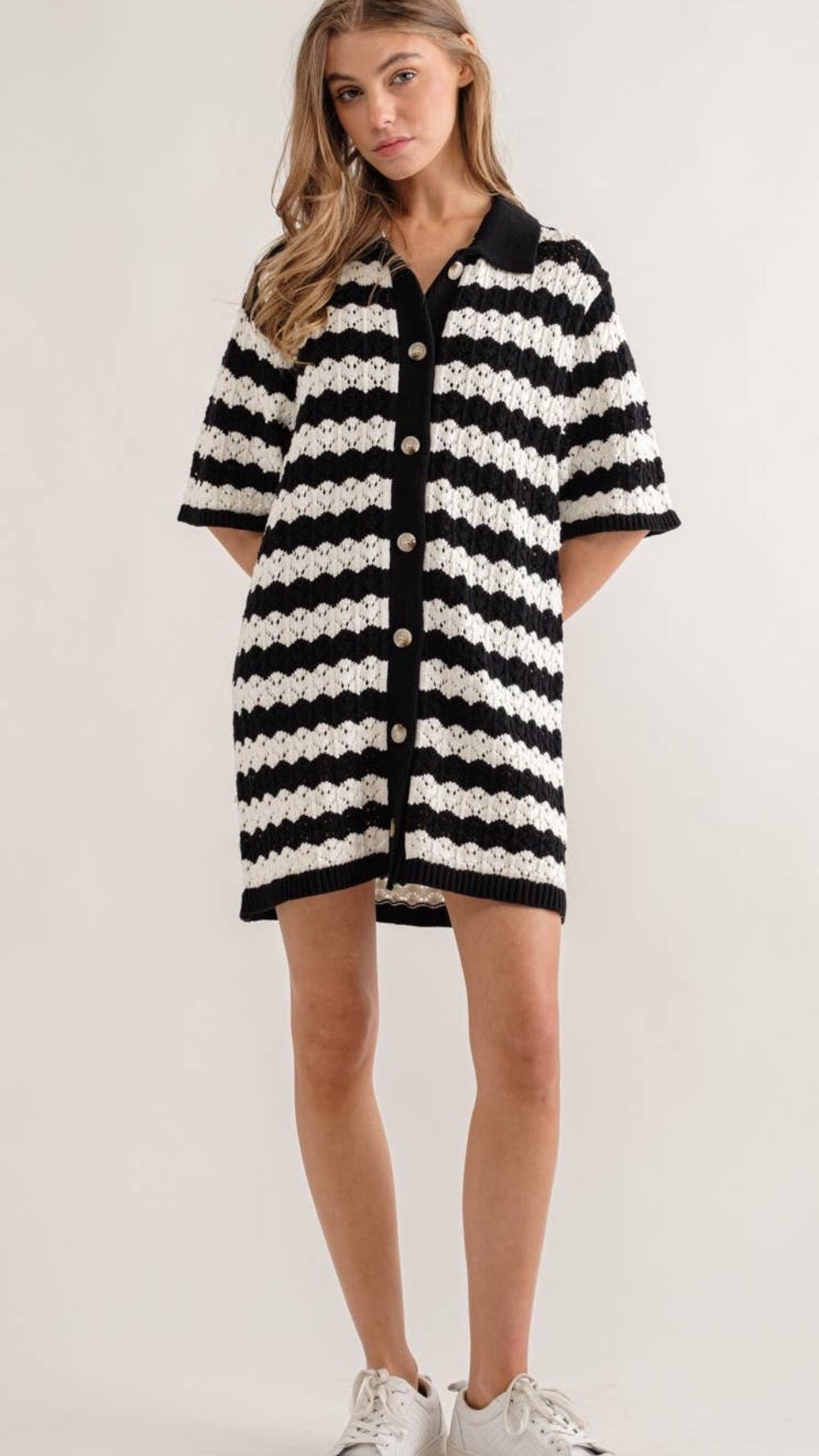 Black And White Crochet Button Down Dress
