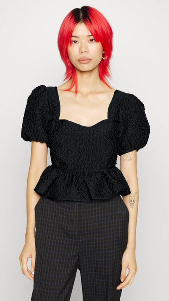 Black Textured Puff Sleeve Peplum Top with Bow Back
