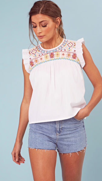 Wednesday's Girl White Cotton Embroidered Bib Detail Smock Top