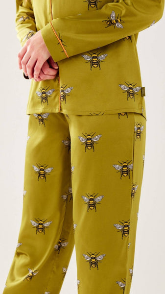 Chelsea Peers Olive Bee Satin Button Up Long Pyjama Set