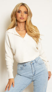 Cropped Jumper with Collar - Cream