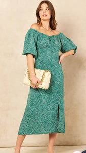 Polka Dot Bardot Midi Dress With Slit In Green