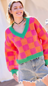 Checker board V-neck Crop Sweater