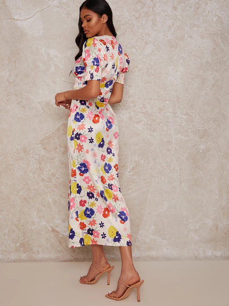 Floral Print Midi Day Dress with Puff Sleeve in Multi
