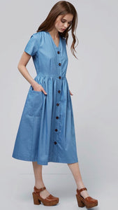 Louche Zelda Chambray Button Through Midi Dress