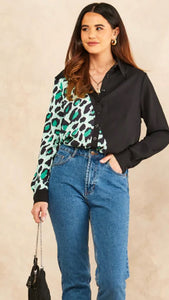 Green and Black Leopard Contrast Shirt