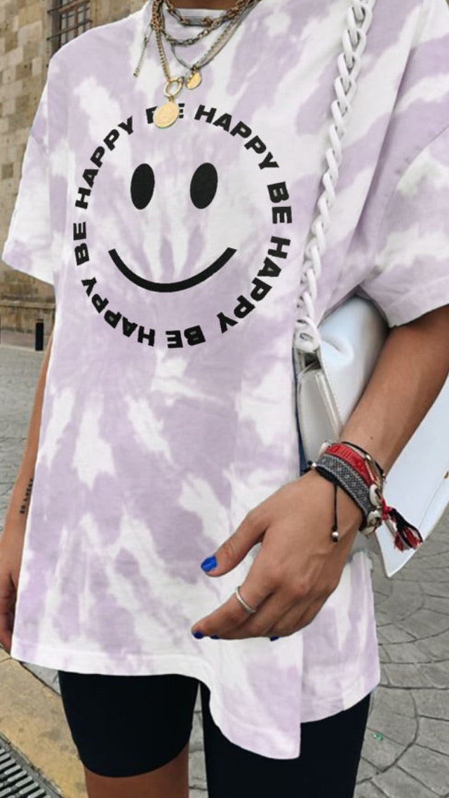 Oversized Be Happy T-Shirt - Lilac