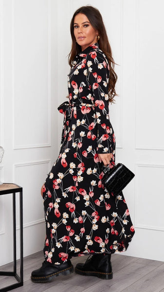 Brielle Long Sleeve Shirt Maxi Dress Black Floral