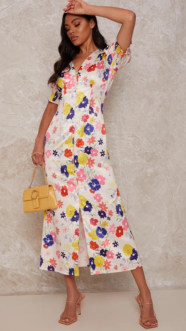 Floral Print Midi Day Dress with Puff Sleeve in Multi