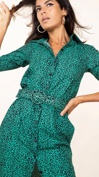 Dancing Leopard Jona Green Leopard Shirt Dress