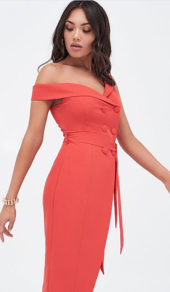 Lavish Alice One Shoulder Tailored Wrap Dress With Button Detail in Red