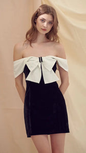 Velvet Bardot Bow Mini Dress