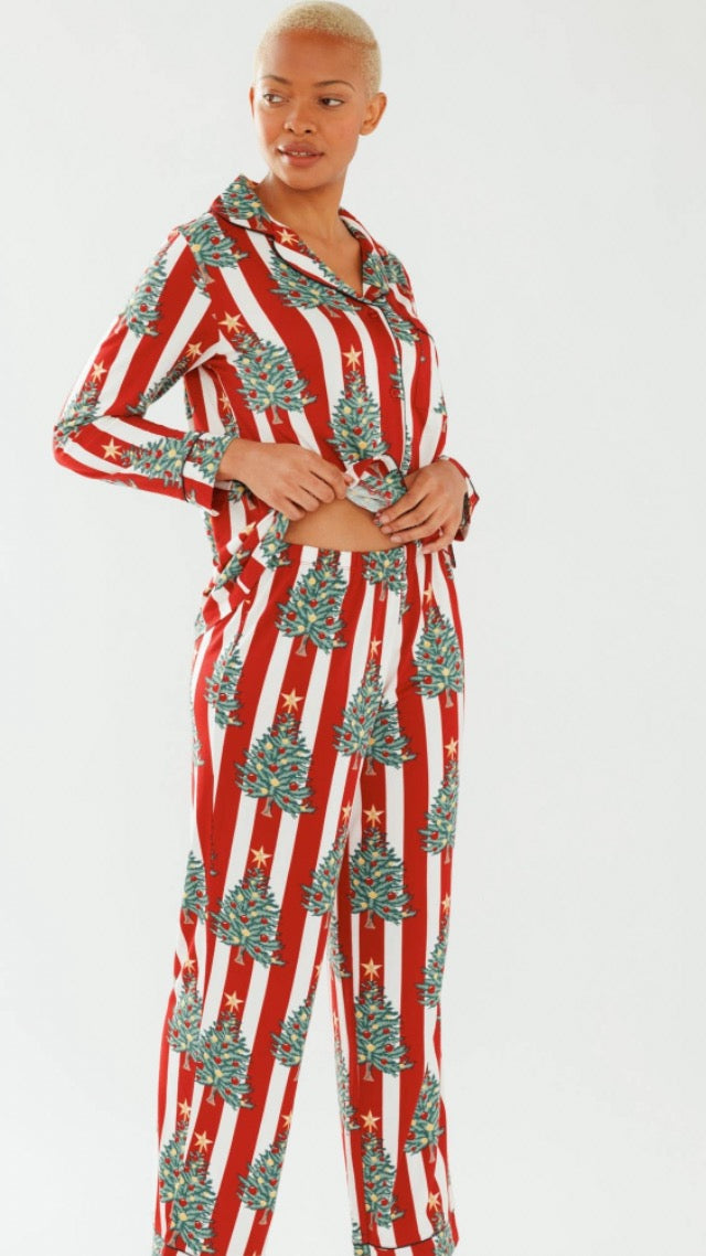 Chelsea Peers Red Christmas Tree Stripe Button Up Long Pyjama Set