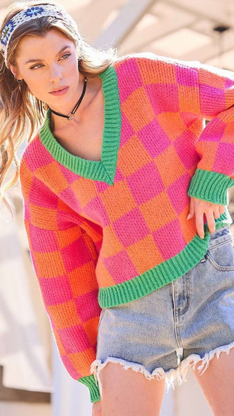 Checker board V-neck Crop Sweater