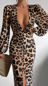 Leopard Plunge Midi Dress
