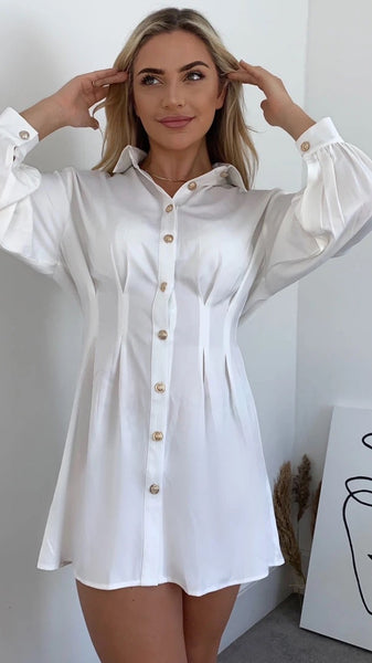 Maeve Pleated Waist Detail Shirt Dress White