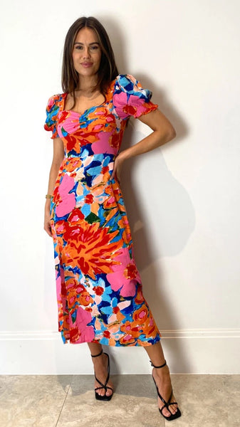 Lillian Sweetheart Blue/Orange Midi Floral Dress