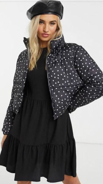 Black Puffer Jacket with Ditsy Heart Print