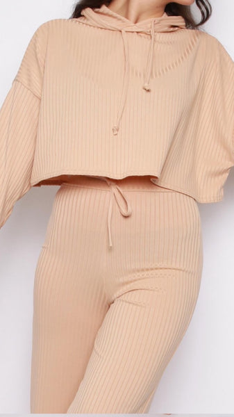 Hoodie & Wide Leg Trousers Ribbed Co-Ord Lounge Set -Beige