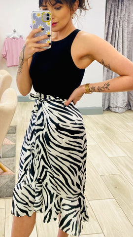 Zebra Print Wrap Skirt With Frill Hem
