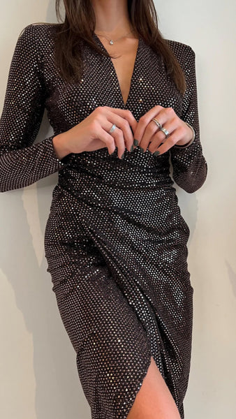 Bronze Sequin Wrap Midi Dress With Front Slit