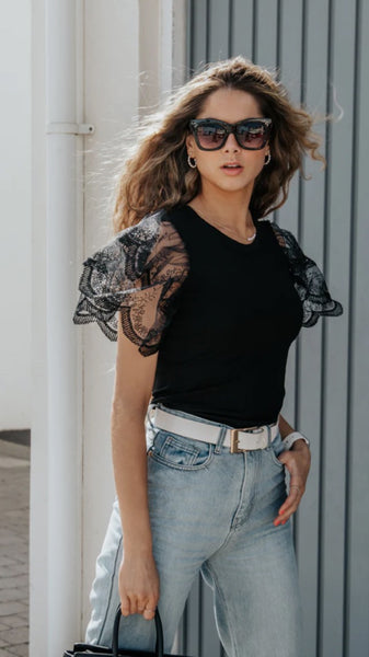 Black T-shirt with Lace Shoulders