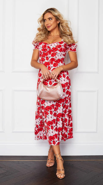 Lillian Sweetheart Red/Pink Midi Floral Dress