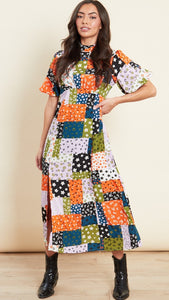 Multi Print Puff Sleeves Midaxi Dress With High Neck