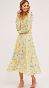 Buttoned Wild Flower Print Midi Dress