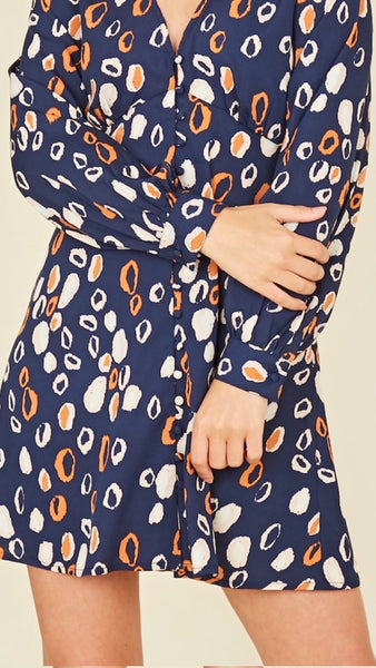 Navy Abstract Animal Print Long Sleeve Mini Tea Dress