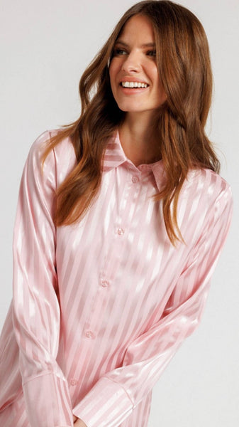 Chelsea Peers Pink Satin Stripe Longline Boyfriend Shirt