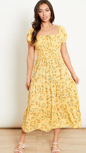 Yellow Floral Tiered Bardot Mini Dress
