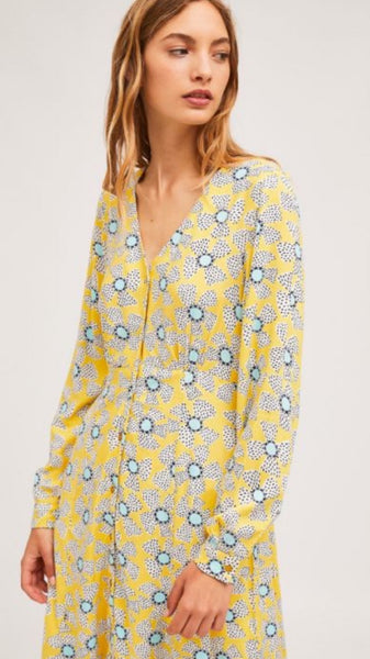 Buttoned Wild Flower Print Midi Dress