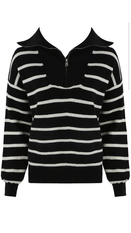 Black Stripe Front Zip Up Knitted Jumper