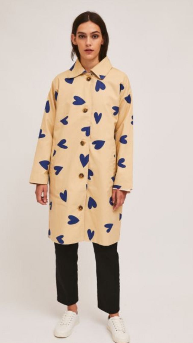 Beige Long Sleeve Heart Print Mac Raincoat